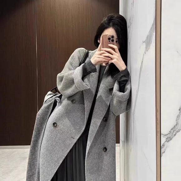 Gray Double-Breasted Wool Blend Coat for Women